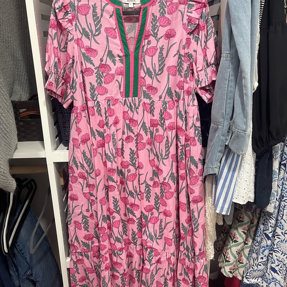 Pink Floral Midi Dress with Green Accents